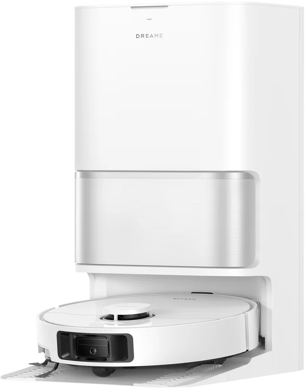 Un robot aspirateur blanc de marque Dreame avec sa station de charge.