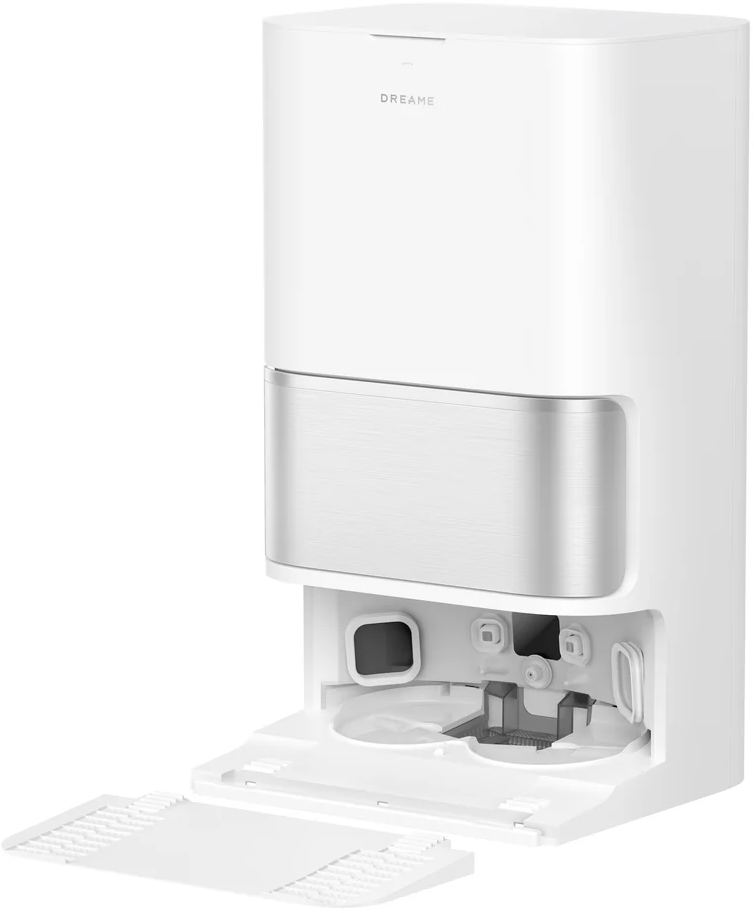 Une station de base de robot aspirateur Dreame blanche et argentée avec son panneau d'accès inférieur ouvert, révélant les composants internes.