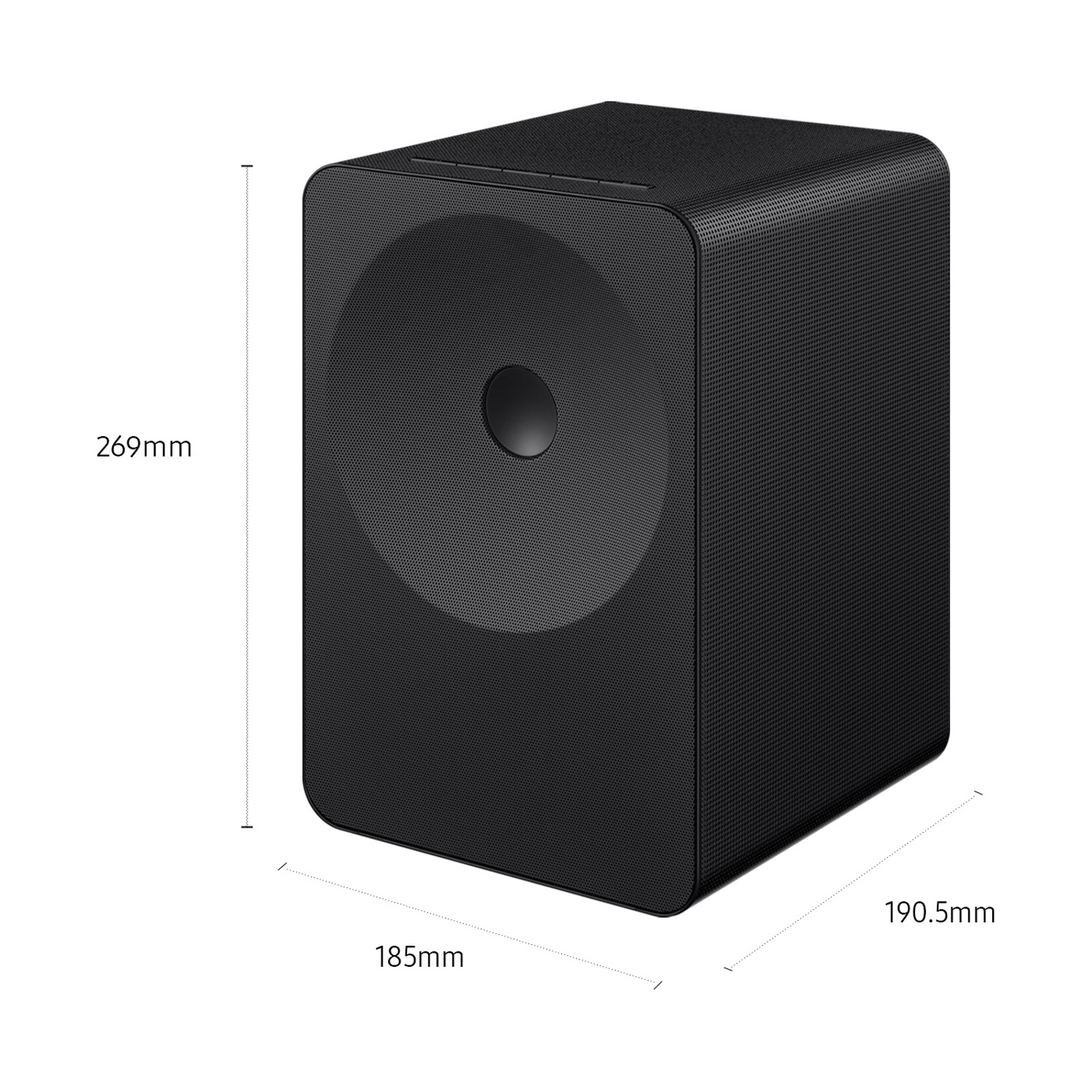 Subwoofer nero con dettagli griglia tonda e dimensioni.