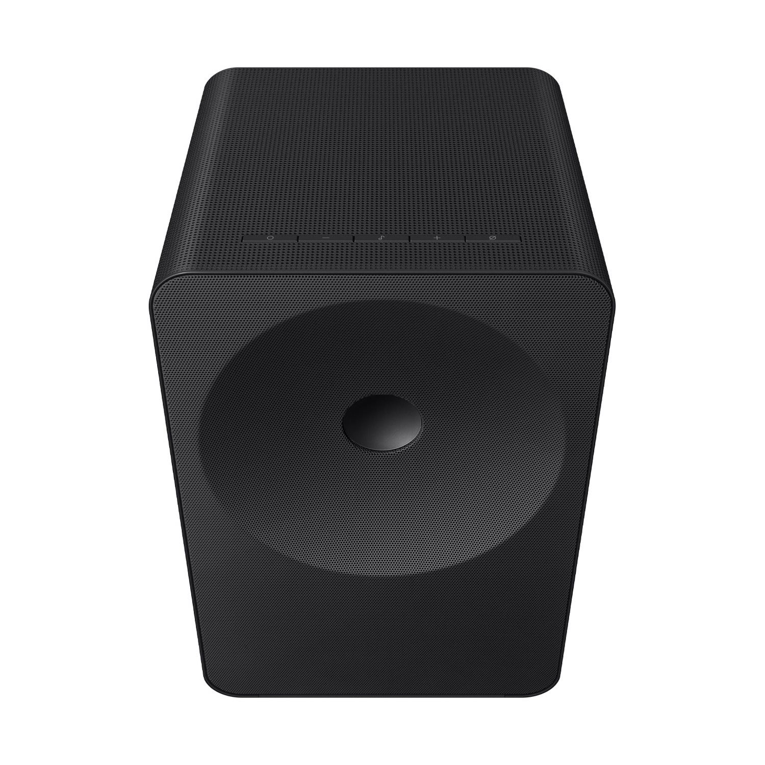 Subwoofer rettangolare nero con centro circolare su sfondo bianco.