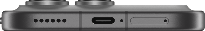 Okostelefon alsó nézete, USB-C porttal, hangszóróráccsal és SIM-tálcával.