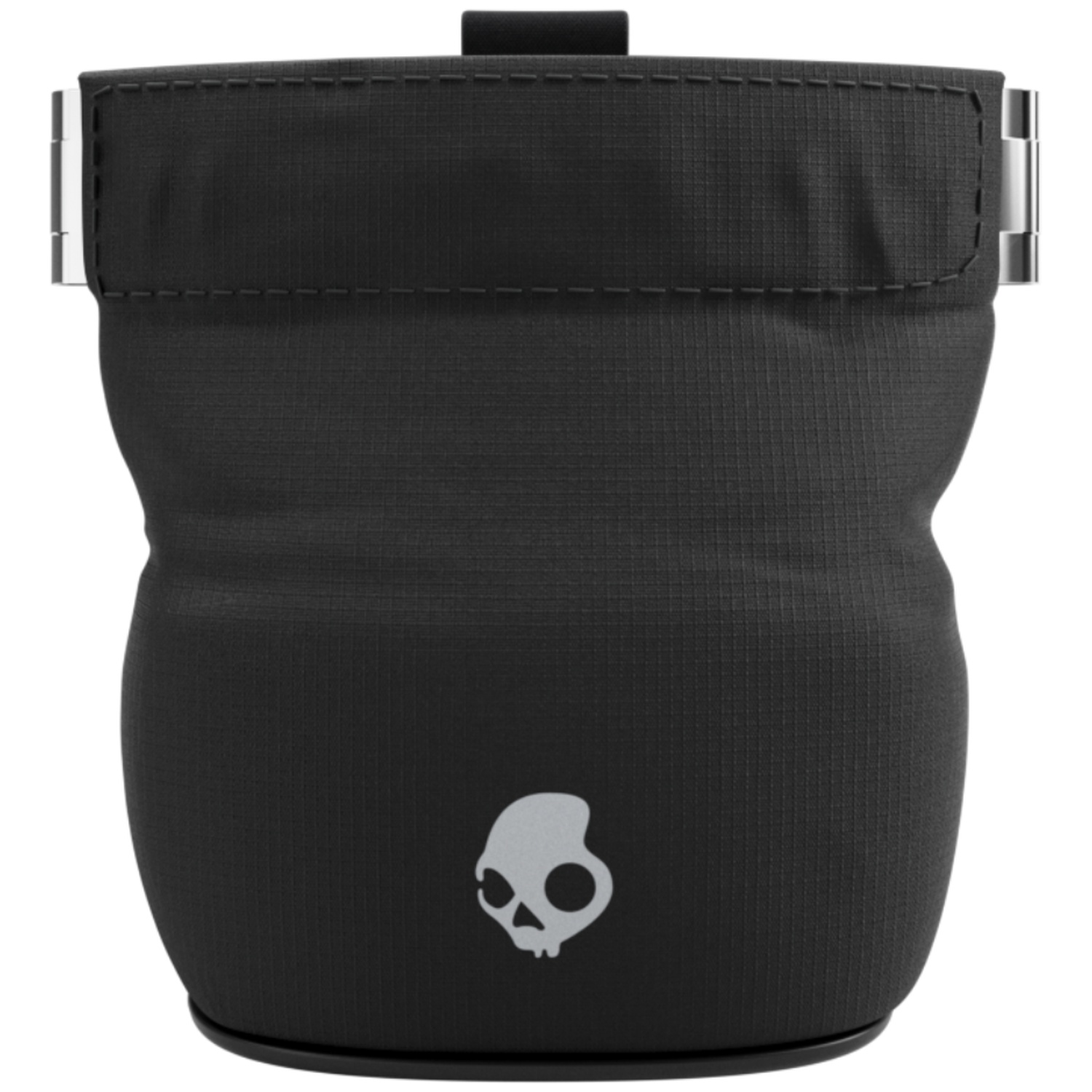 Pochette noire avec logo tête de mort, dessus replié et sécurisé par des clips métalliques.