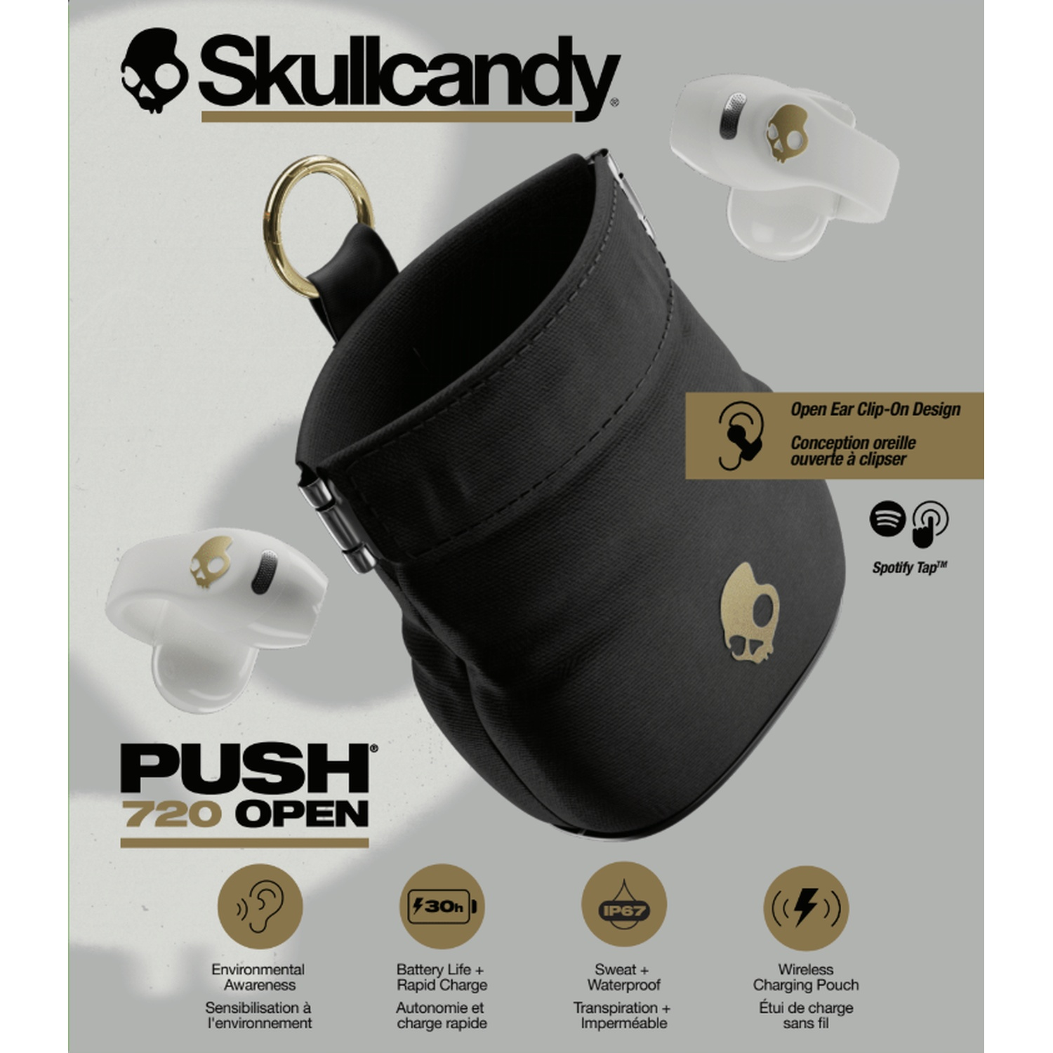 Écouteurs Skullcandy avec pochette noire, embouts blancs et icônes de fonctionnalités.