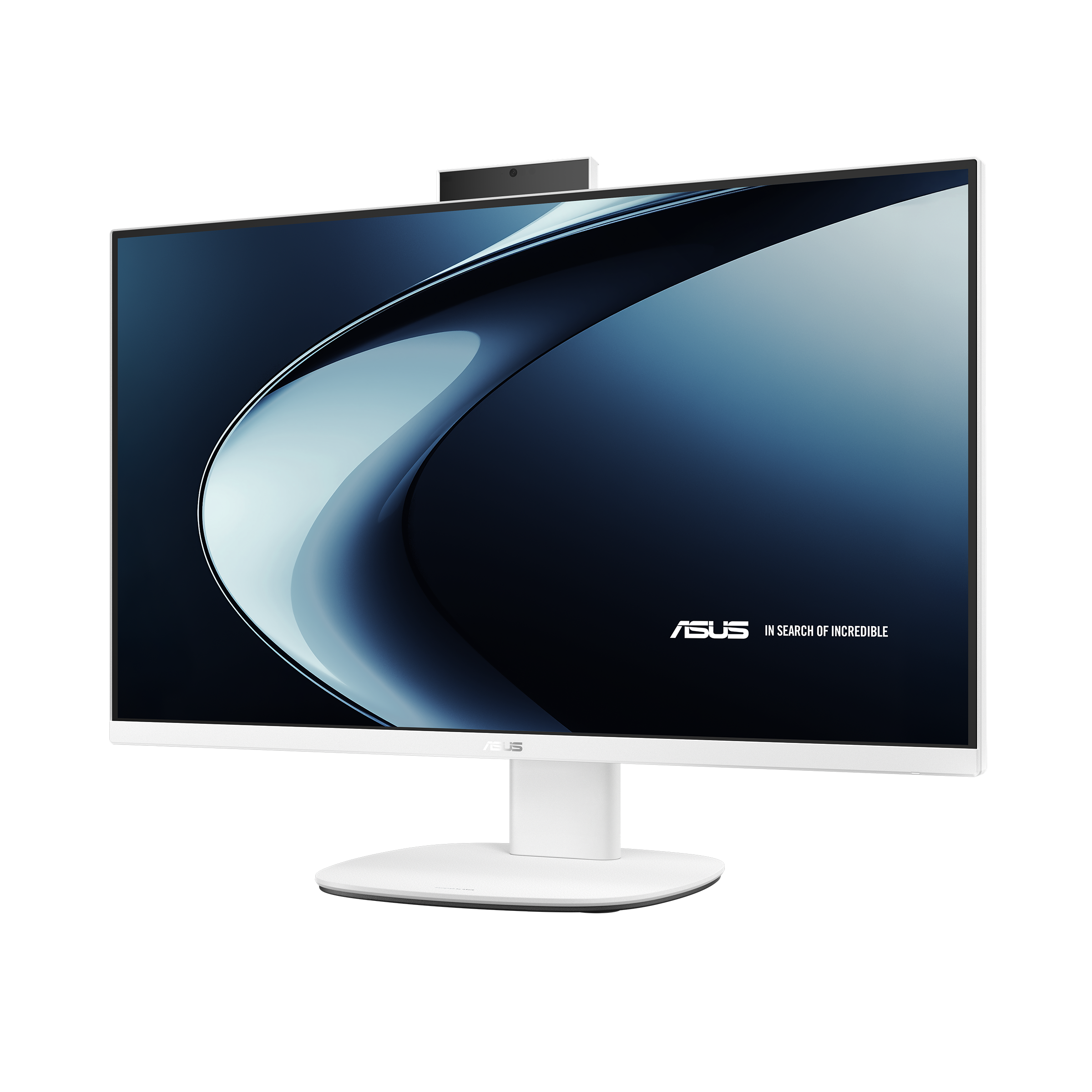 Ein weißer ASUS All-in-One PC mit Webcam, auf schwarzem Hintergrund.