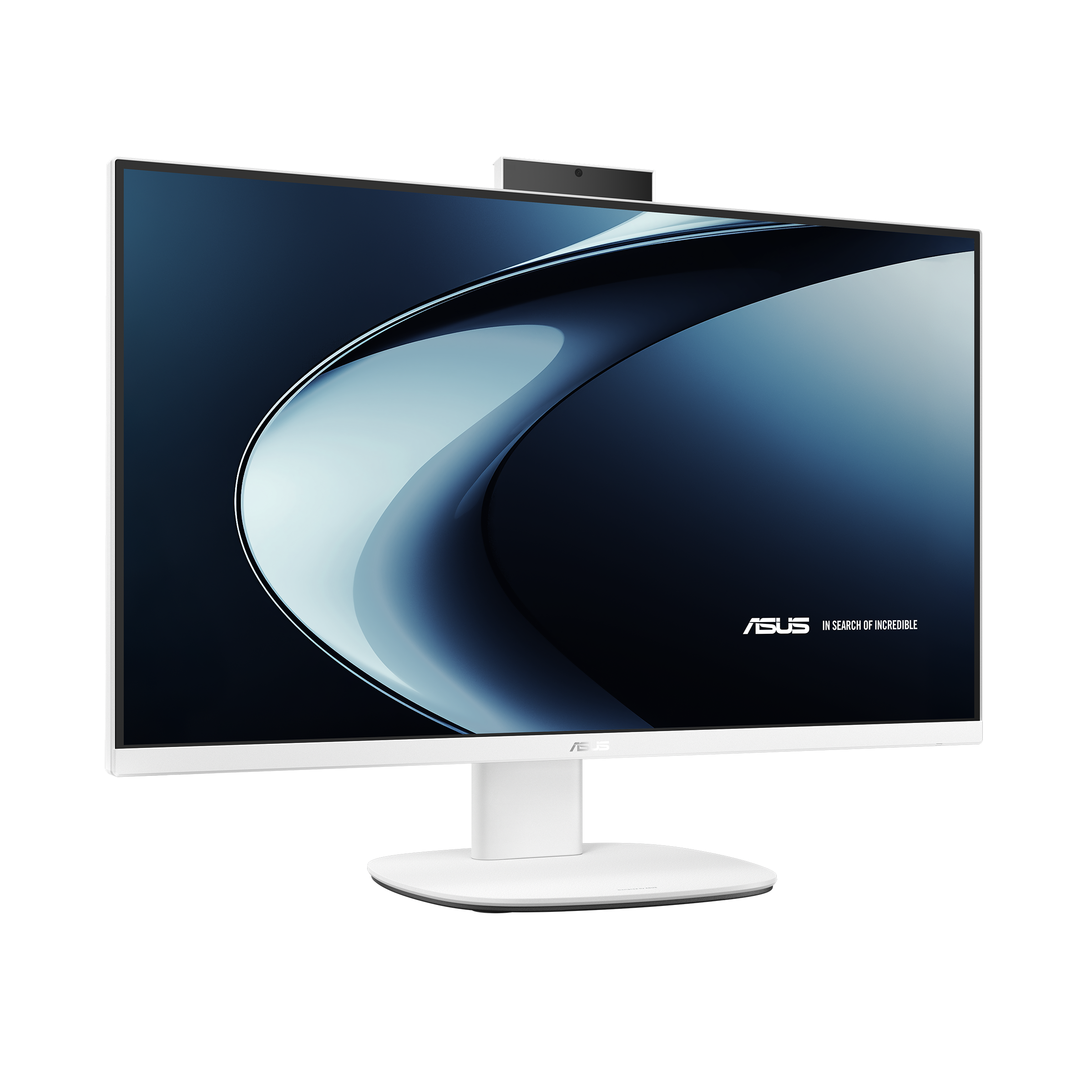 Ein weißer ASUS-Monitor mit einem abstrakten blauen Hintergrund und einer Webcam oben.