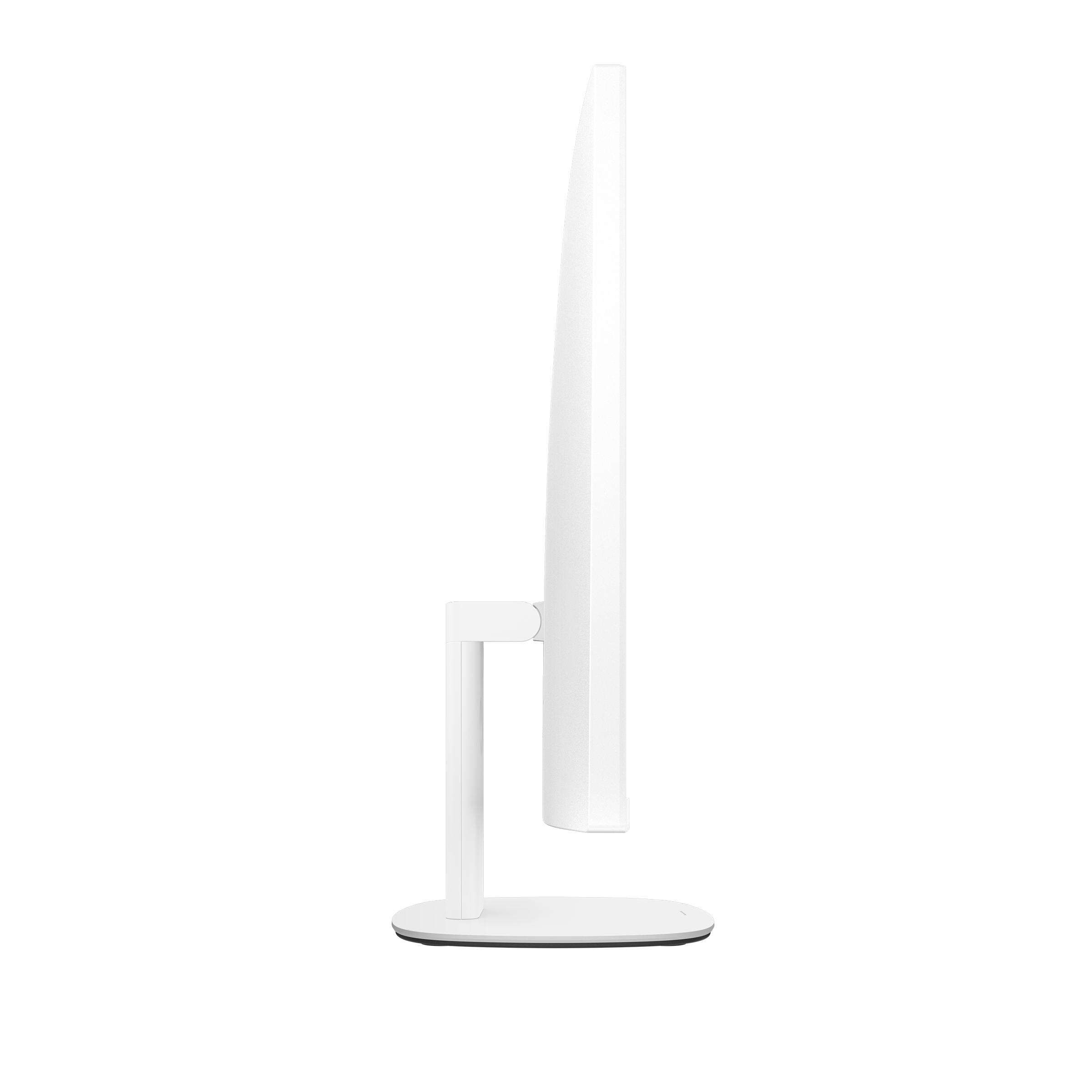 Ein weißer Monitorständer mit einem ovalen Sockel und einem schlanken Arm.