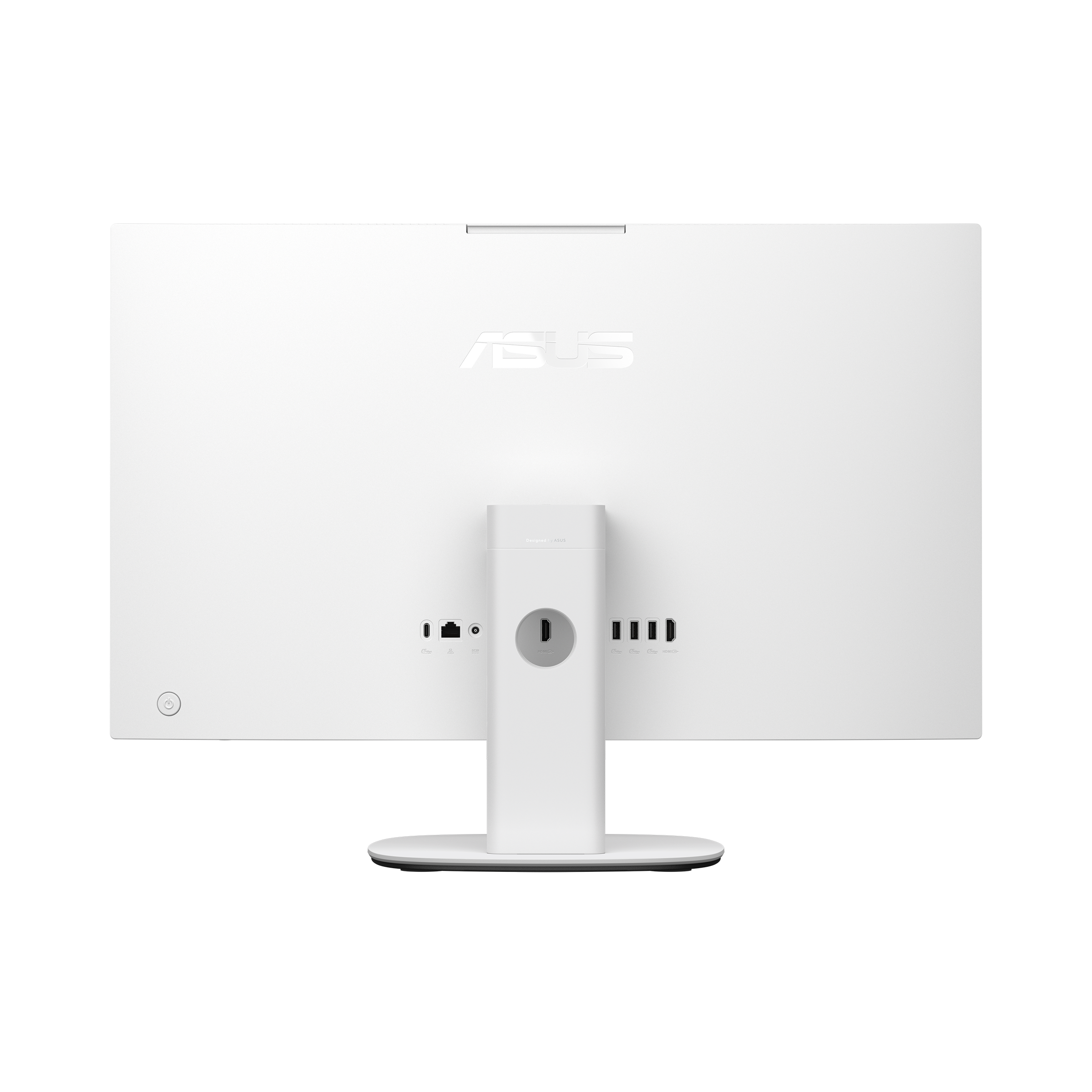 Rückseite eines weißen ASUS Monitors mit Anschlüssen und Standfuß.