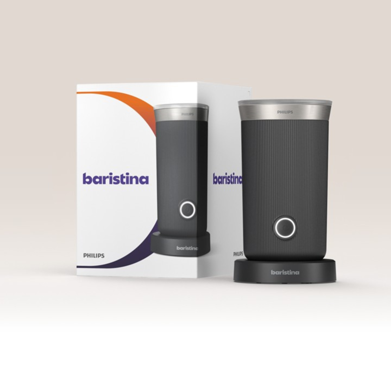 Una taza Philips Baristina oscura y acanalada con tapa plateada y su embalaje al lado.