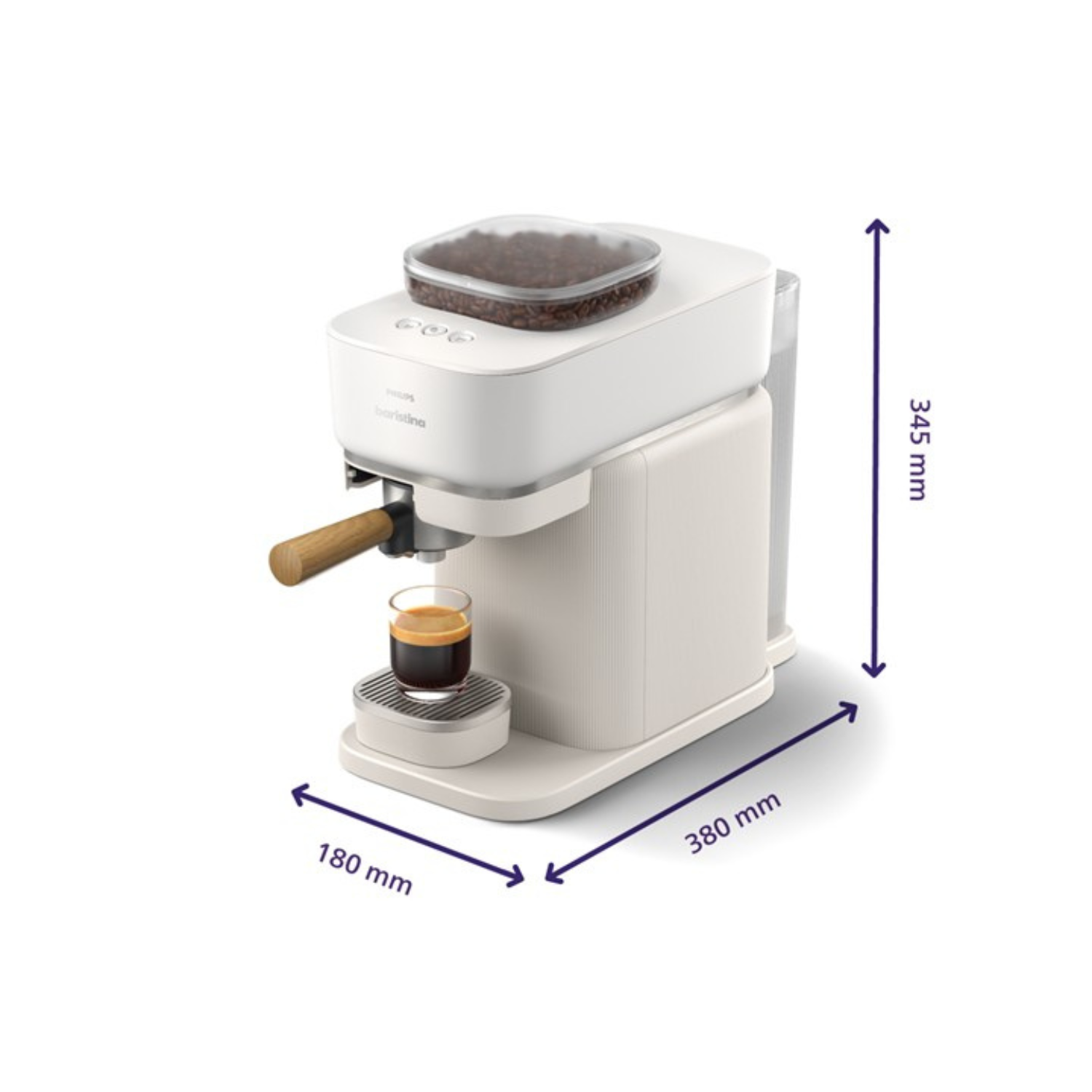 Máquina de espresso blanca con granos de café en el depósito superior, taza de espresso y dimensiones.