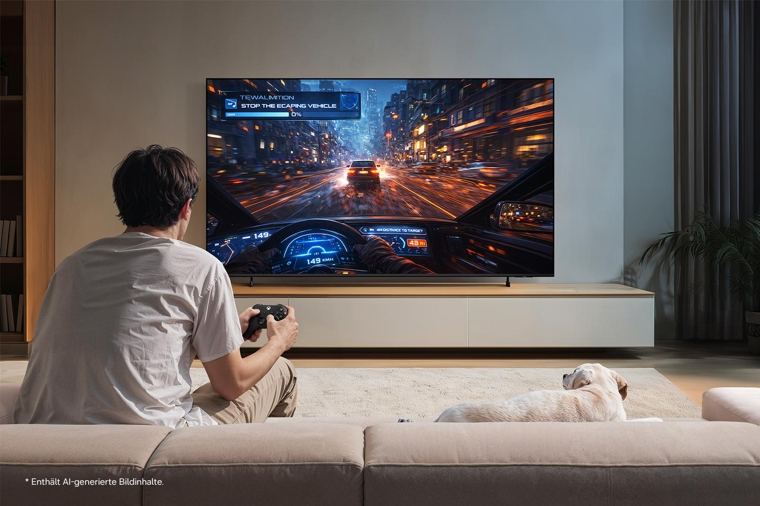Mann spielt Videospiel, Hund liegt auf Sofa, Stadt bei Nacht im Spiel.