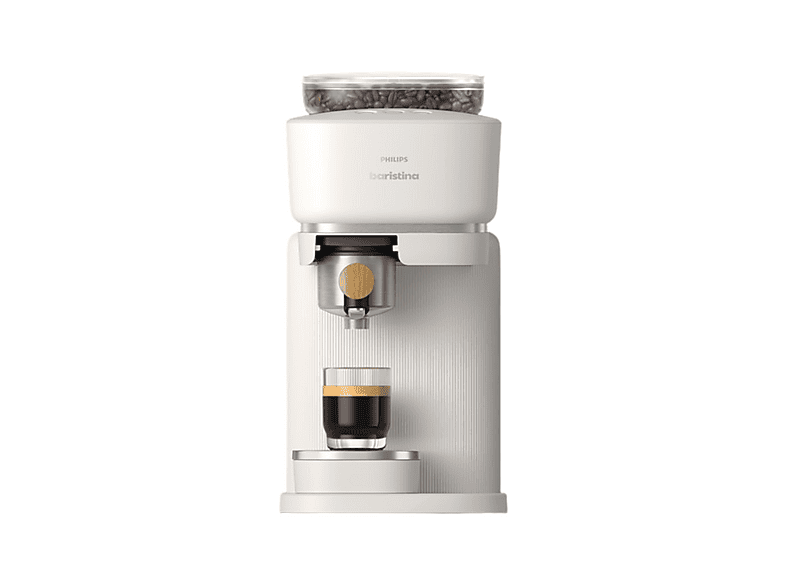 Cafetera express - Philips Baristina BAR302/20, De grano, Molinillo cerámico, 16 bares, Depósito 1,2L, Blanca con portafiltro madera, Espresso en 60 s