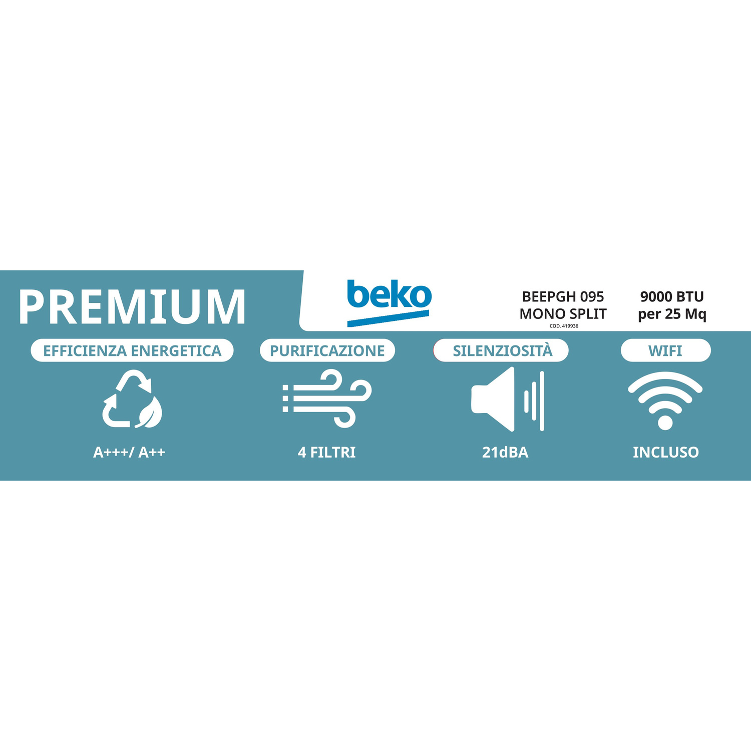 Clima Beko Premium: Efficienza A+++/A++, 4 filtri, 21dBA, WiFi incluso.