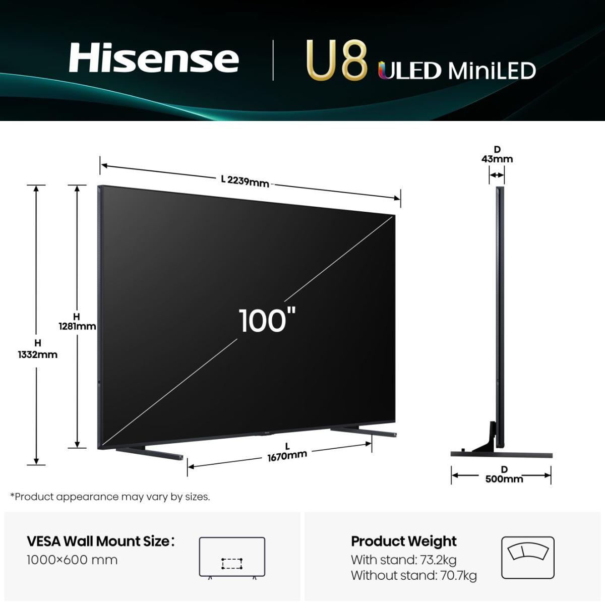 Specyfikacje TV Hisense U8 ULED MiniLED: ekran 100", wymiary, VESA, waga.