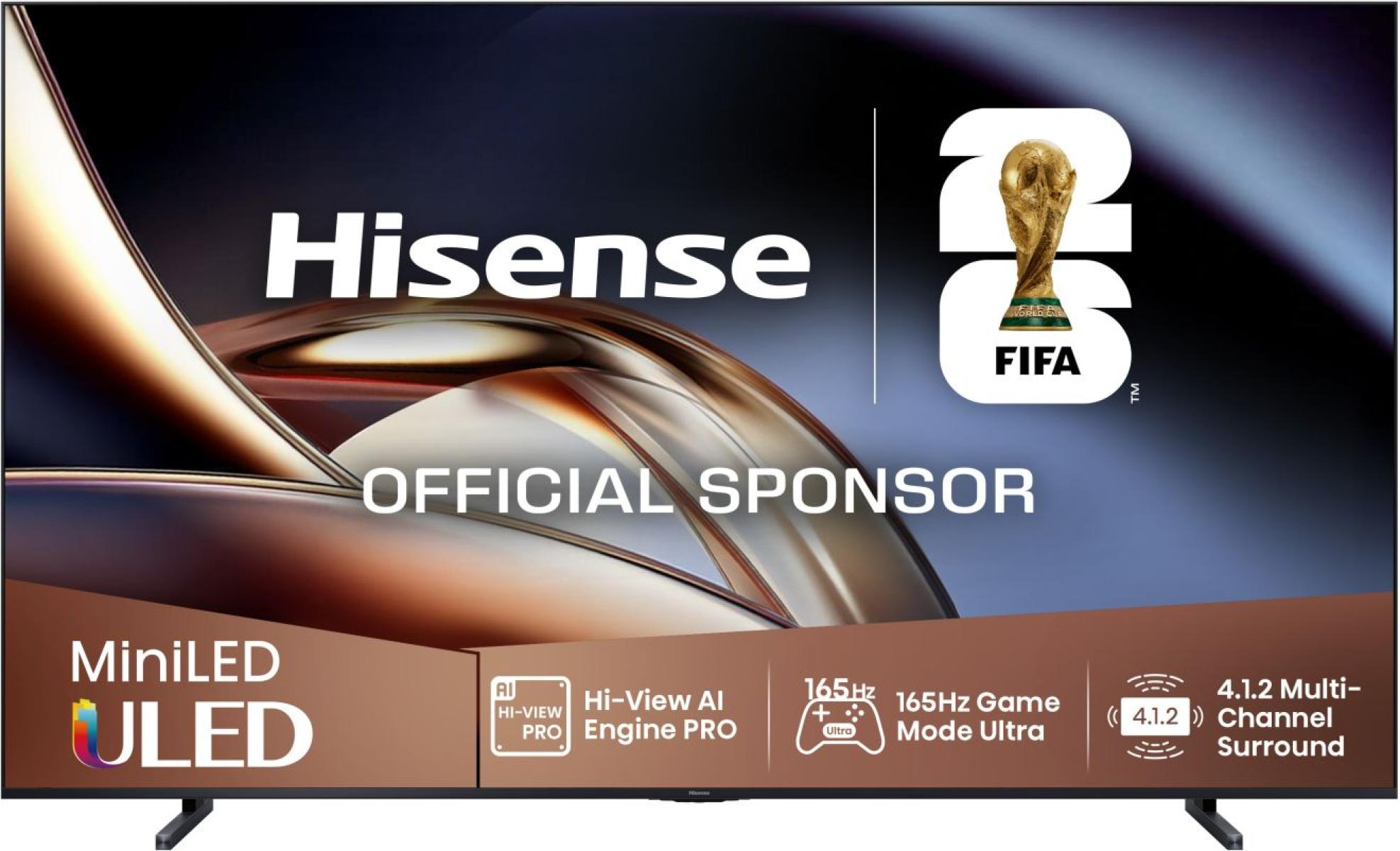 Telewizor Hisense MiniLED ULED z logo FIFA, "Oficjalny Sponsor" i specyfikacją techniczną.