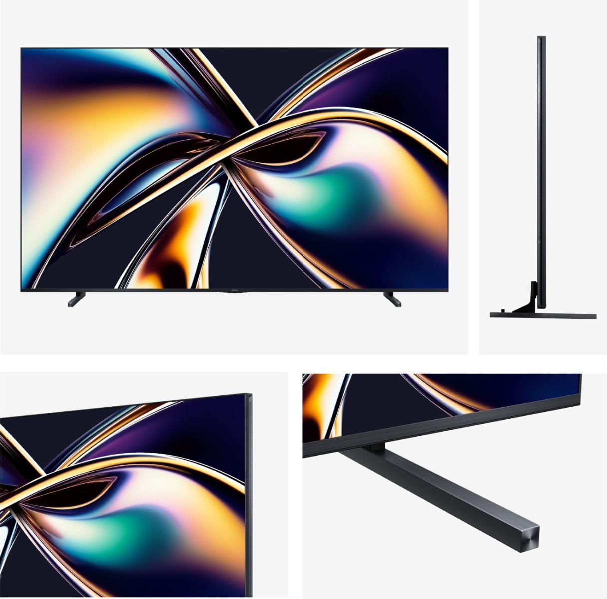 Elegancki, czarny telewizor wyświetlający kolorowy, abstrakcyjny obraz na ekranie.