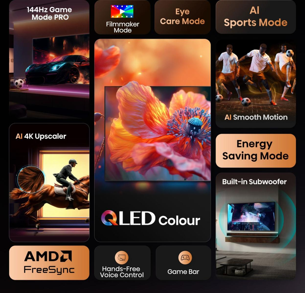 TV-Funktionen: QLED-Farbe, 144Hz Game Mode PRO, Filmmaker, Eye Care, AI Sports, AI 4K Upscaler, AI Smooth Motion, Energie sparen.