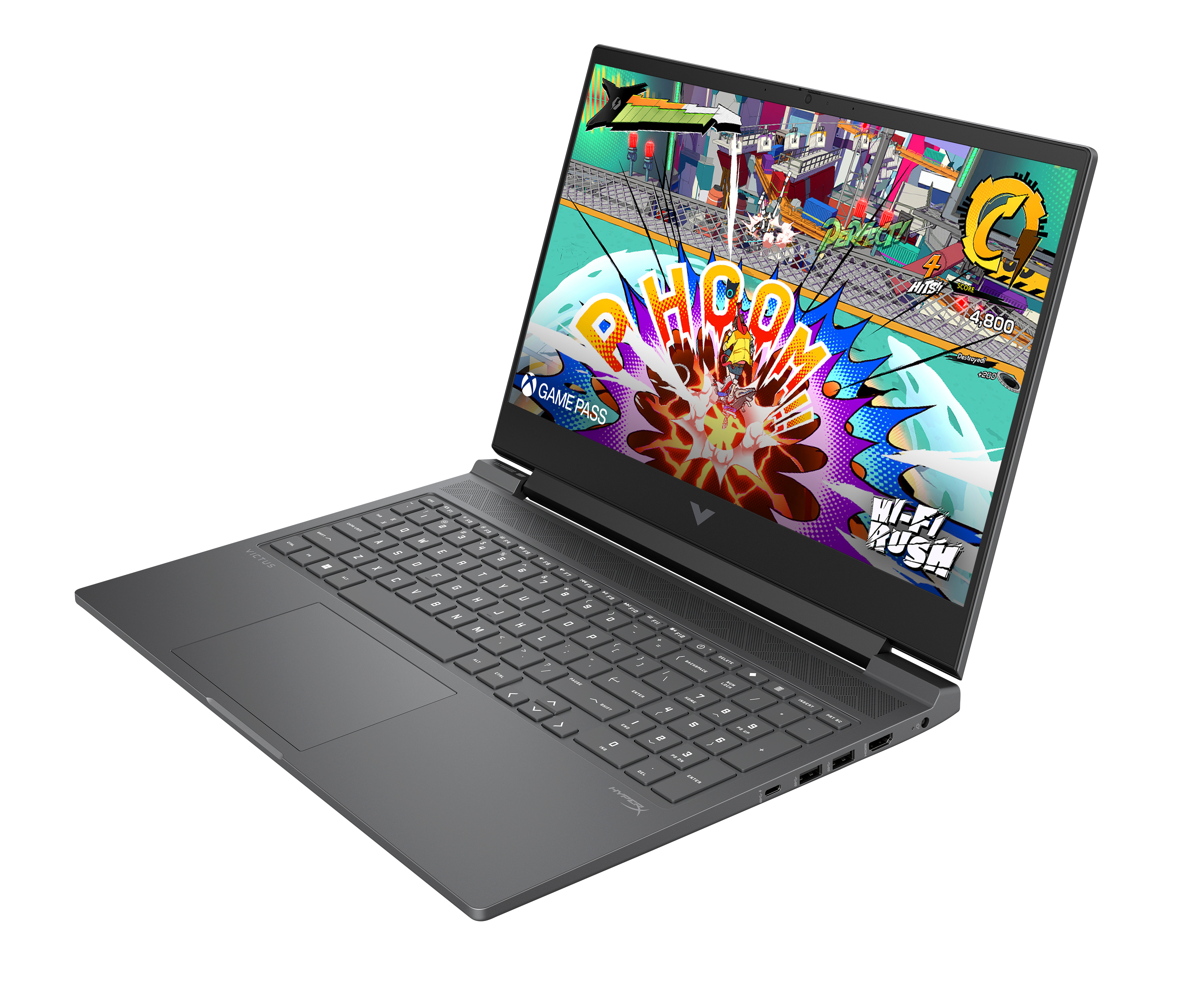 Szary laptop z kolorową grą na ekranie, czarne tło.