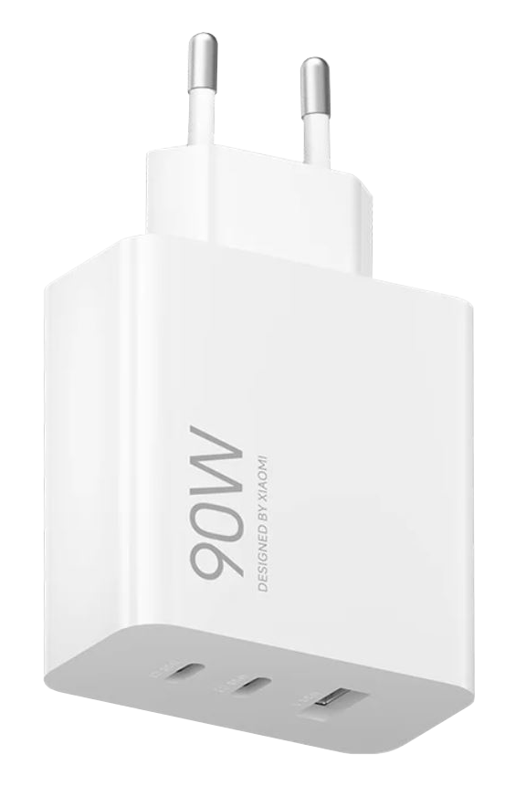 Biała ładowarka Xiaomi 90W z dwoma portami USB-C i jednym USB-A.