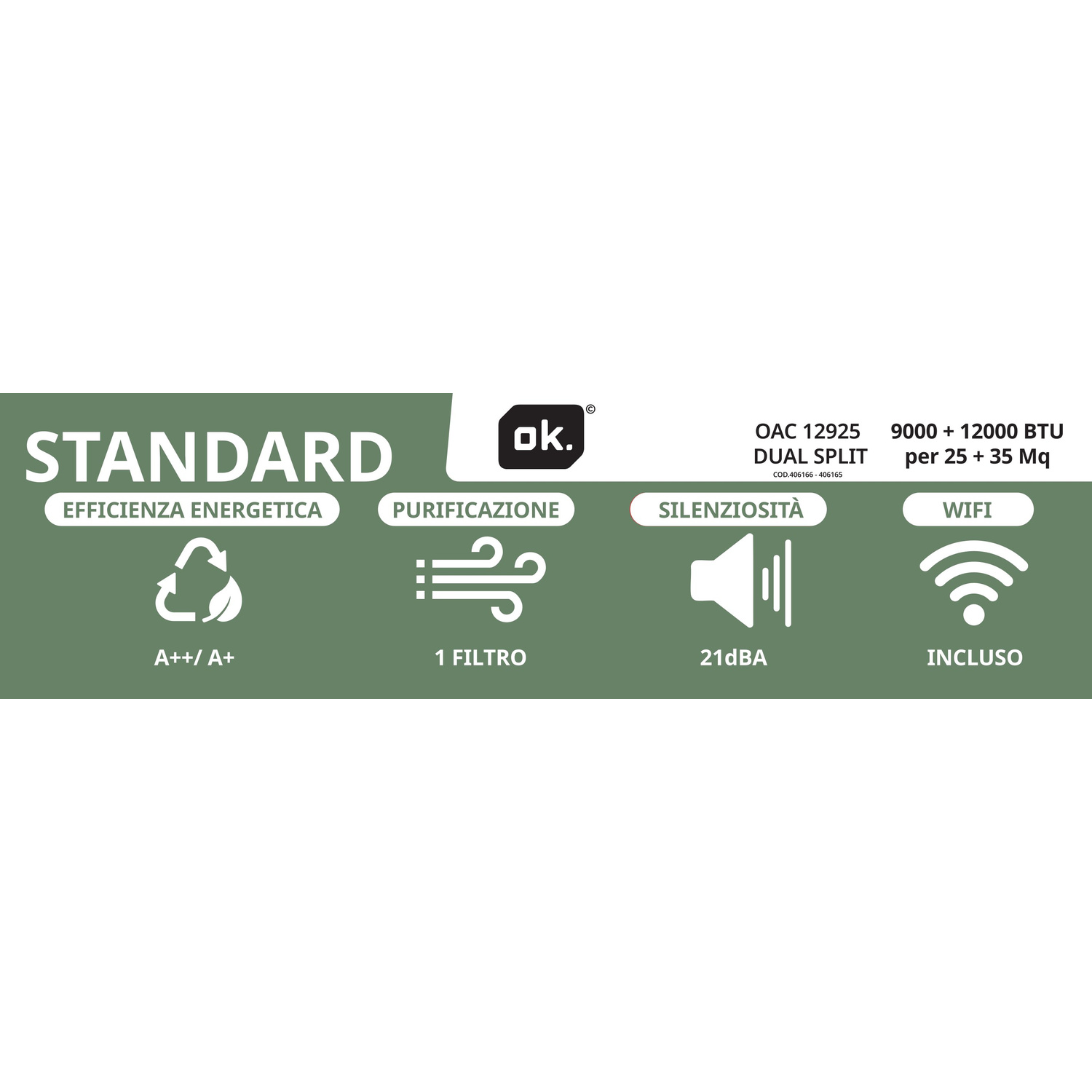 Standard AC: Efficienza energetica A++/A+, 1 filtro, silenzioso 21dBA, WiFi.