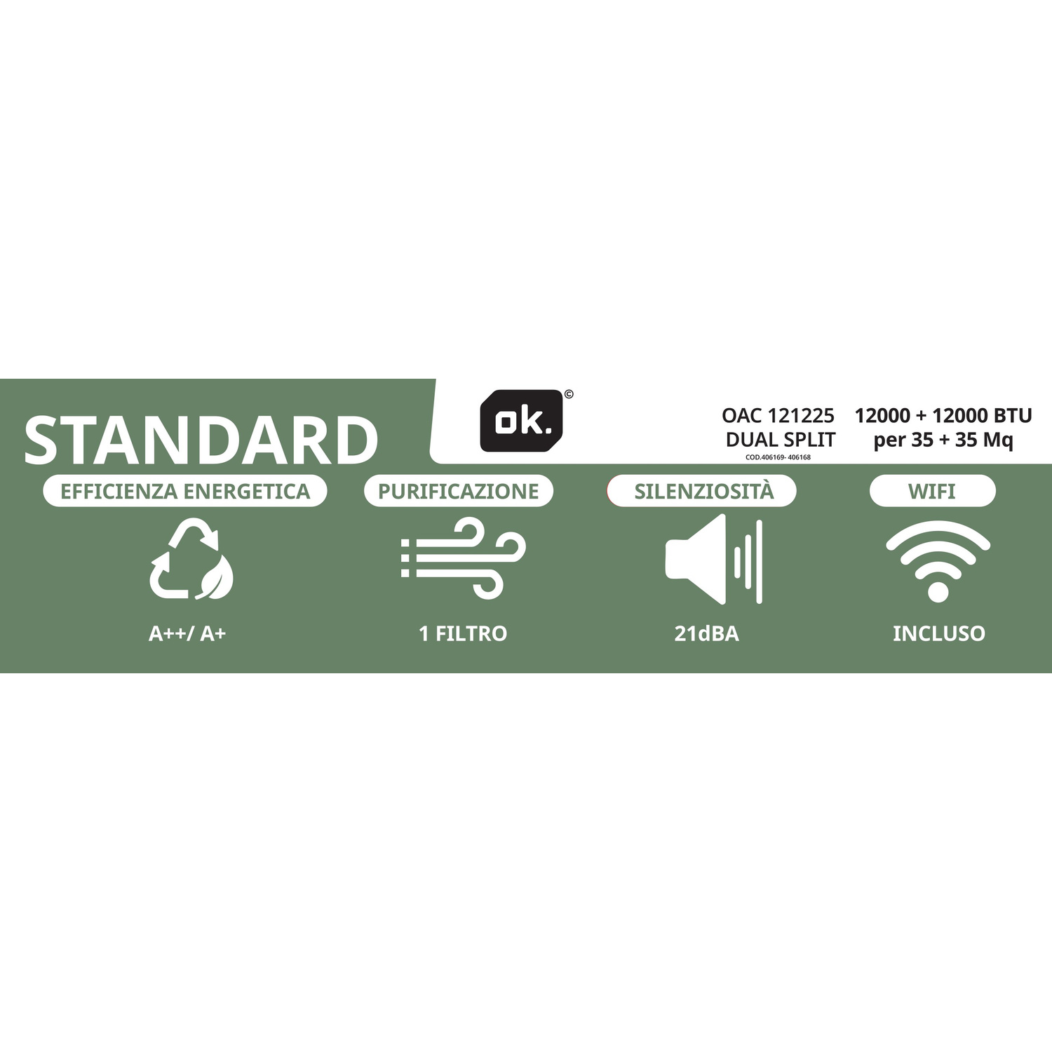 Clima Standard: Efficienza A++/A+, 1 filtro, 21dBA, WiFi. 12000+12000 BTU.