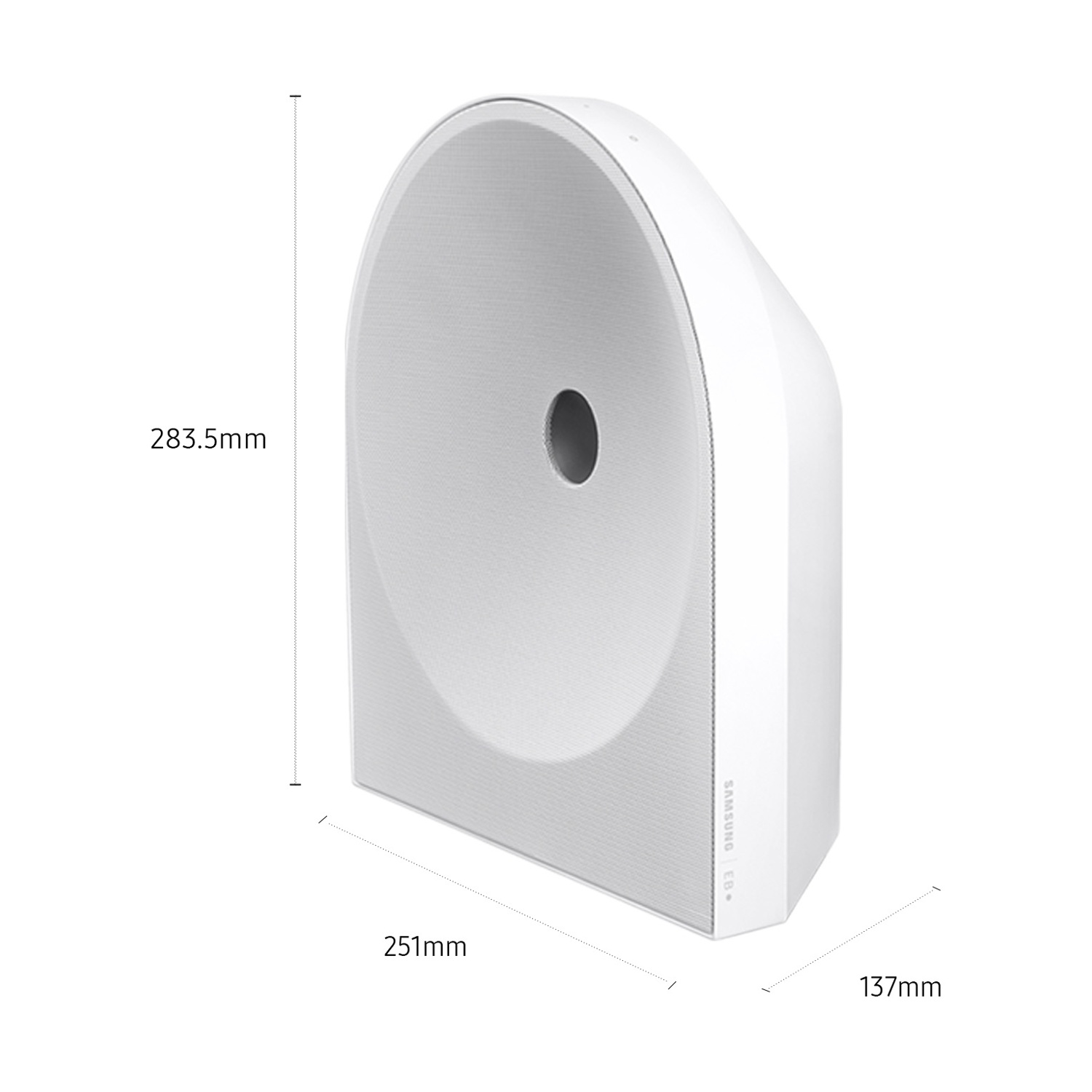Un altoparlante Samsung bianco con dimensioni 283,5 mm x 251 mm x 137 mm.