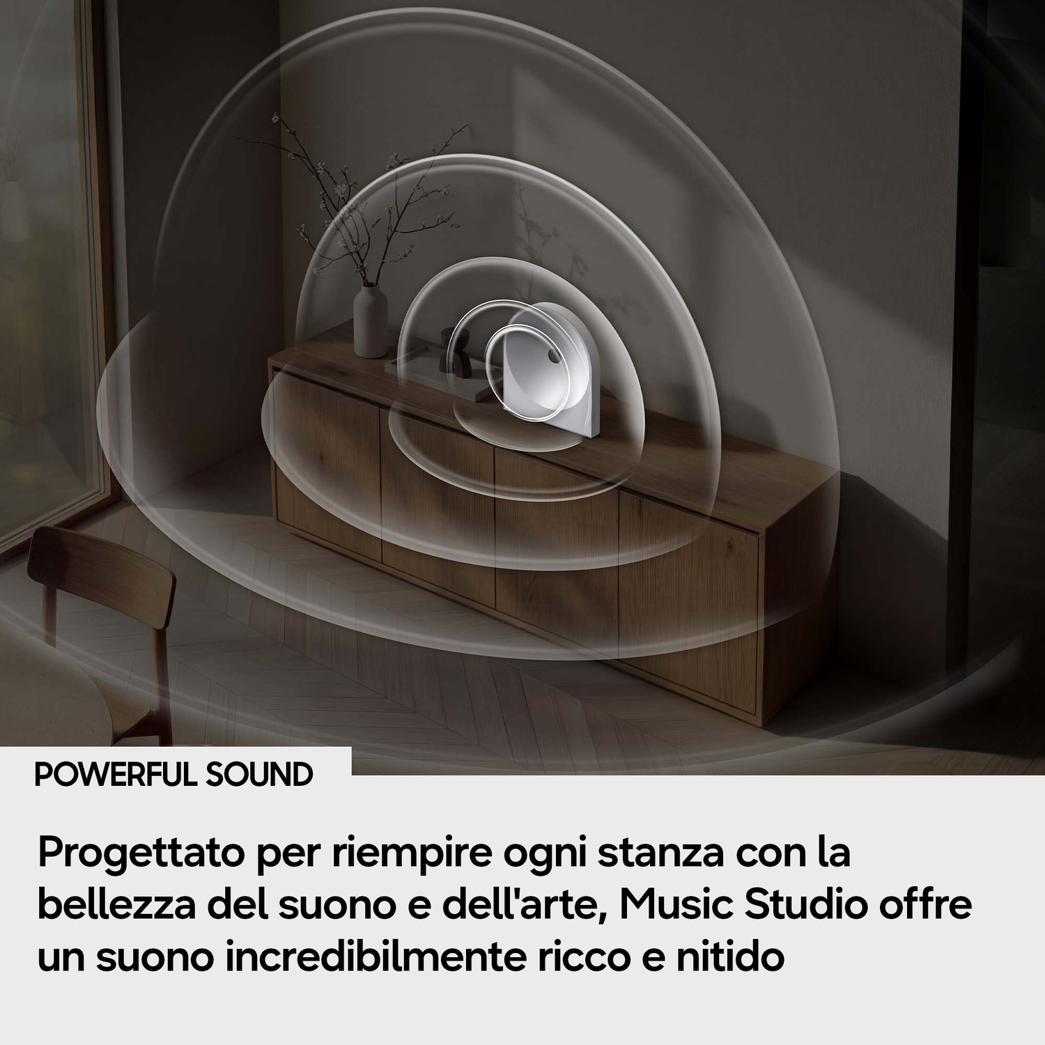 Un altoparlante bianco su un mobile in legno con onde sonore.
