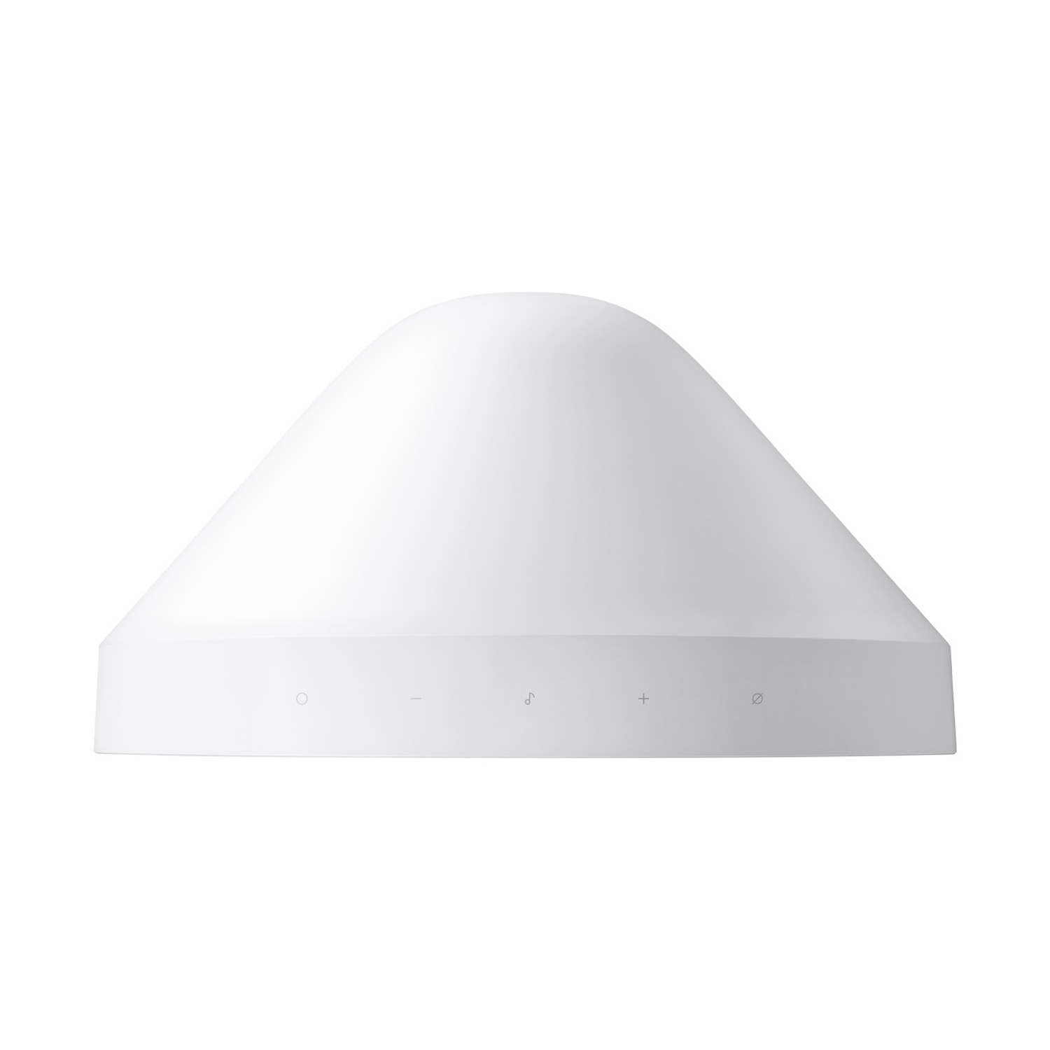 Un altoparlante bianco a forma di cono con icone di controllo sul bordo inferiore.