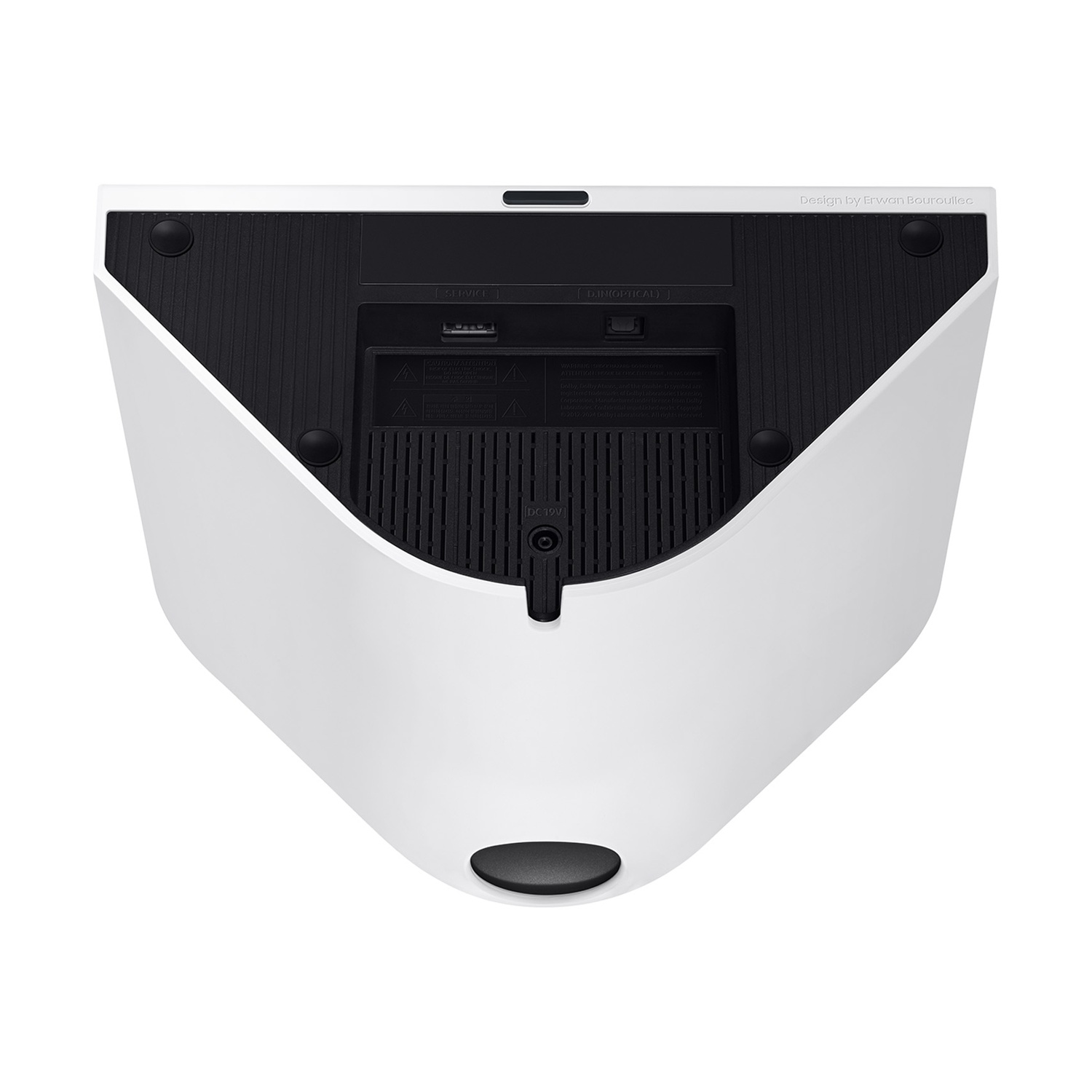 Parte inferiore di un dispositivo bianco con porte ed etichette di avvertenza.