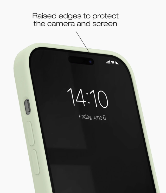 Ein hellgrünes Handygehäuse schützt ein Smartphone mit gesperrtem Bildschirm.