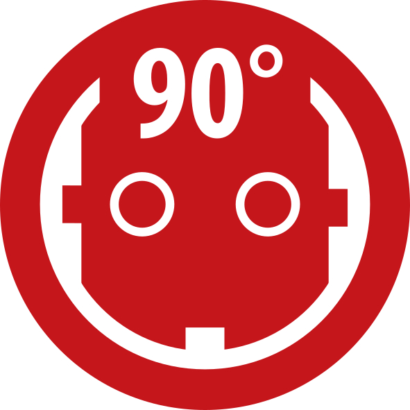 Rotes Symbol mit weißer 90°-Markierung und drei Kreisen.