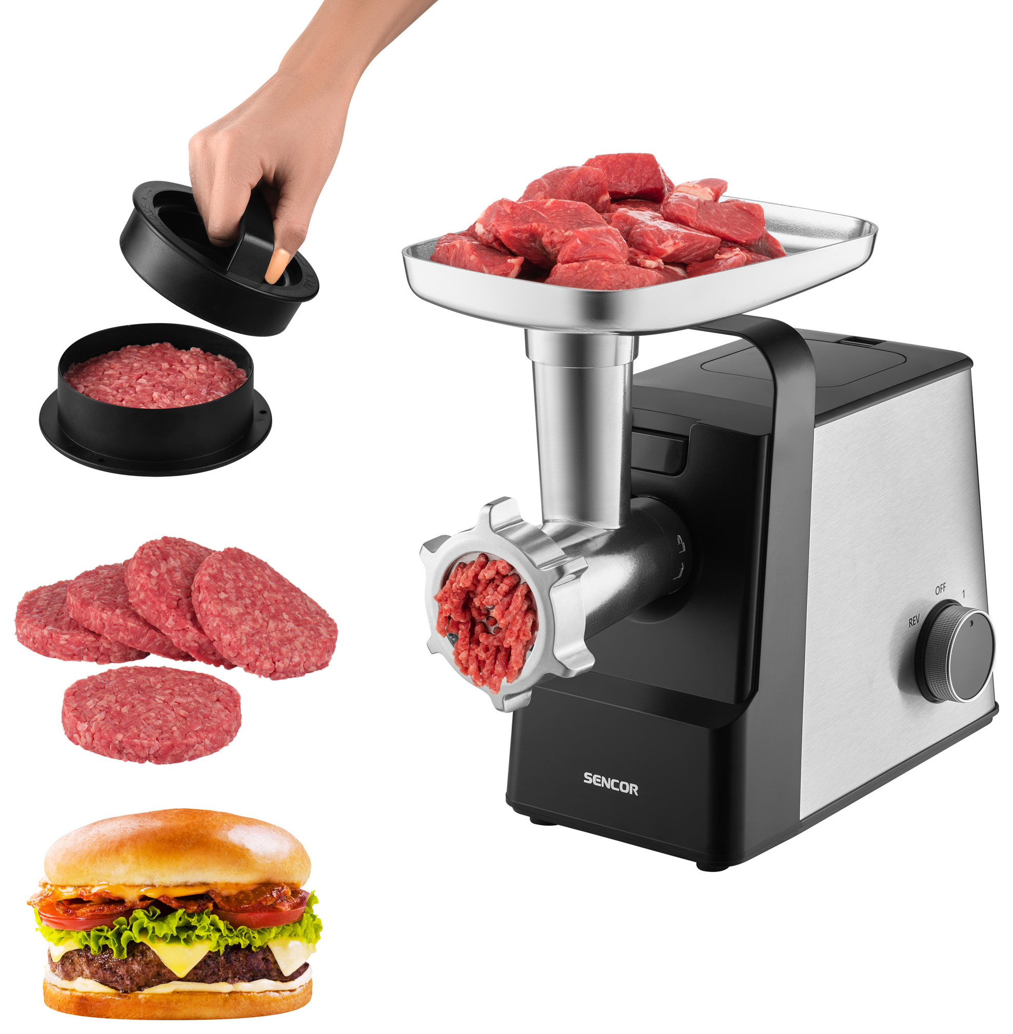 Húsdaráló darált hússal, húspogácsákkal, húspogácsa préselővel és egy kész hamburgerrel.