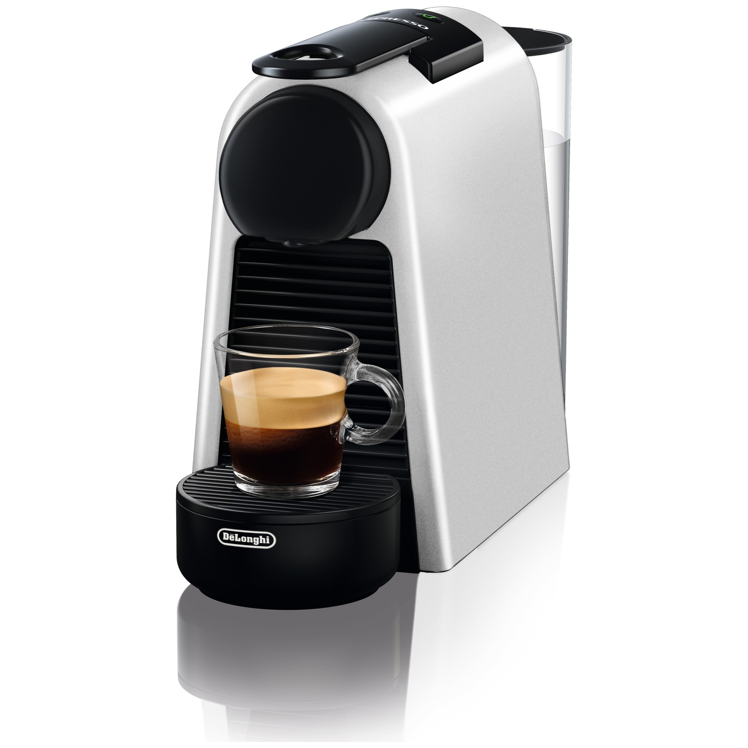 Silver coffee machine with black detail and a cup of espresso.