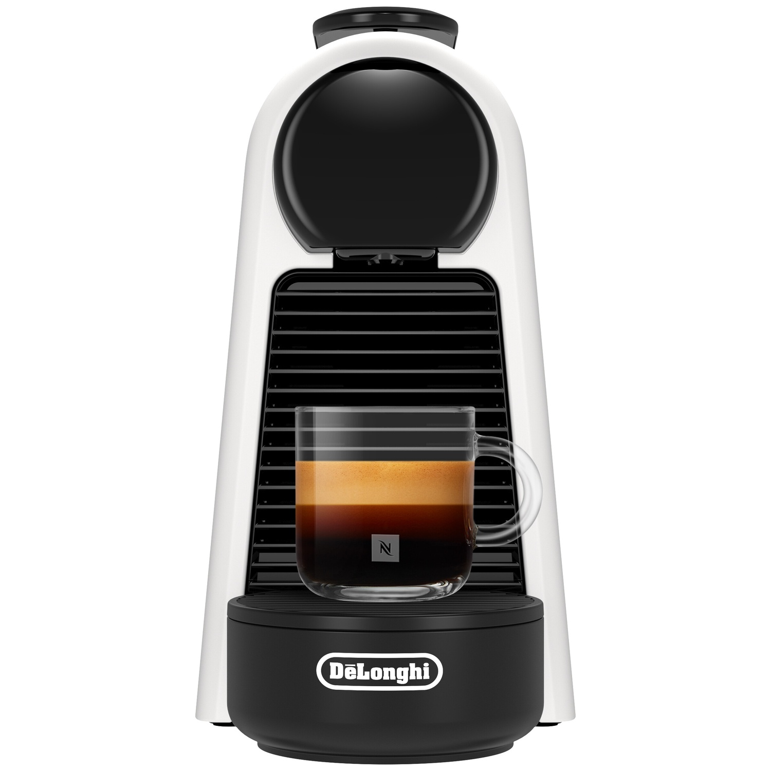White and black coffee machine with a glass of fresh espresso with crema.