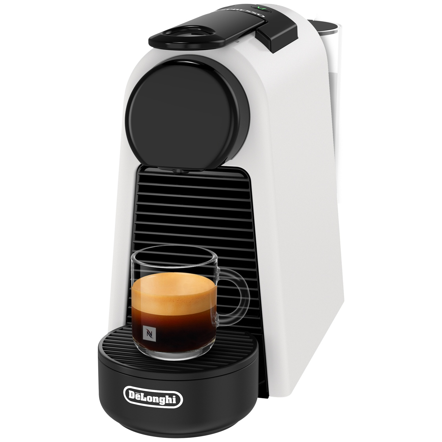 A white coffee machine with a cup of espresso on the drip tray.