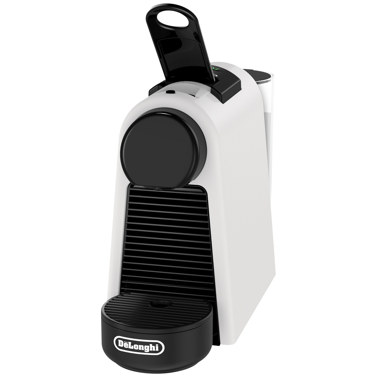 Compact white coffee machine with black lever and drip tray.