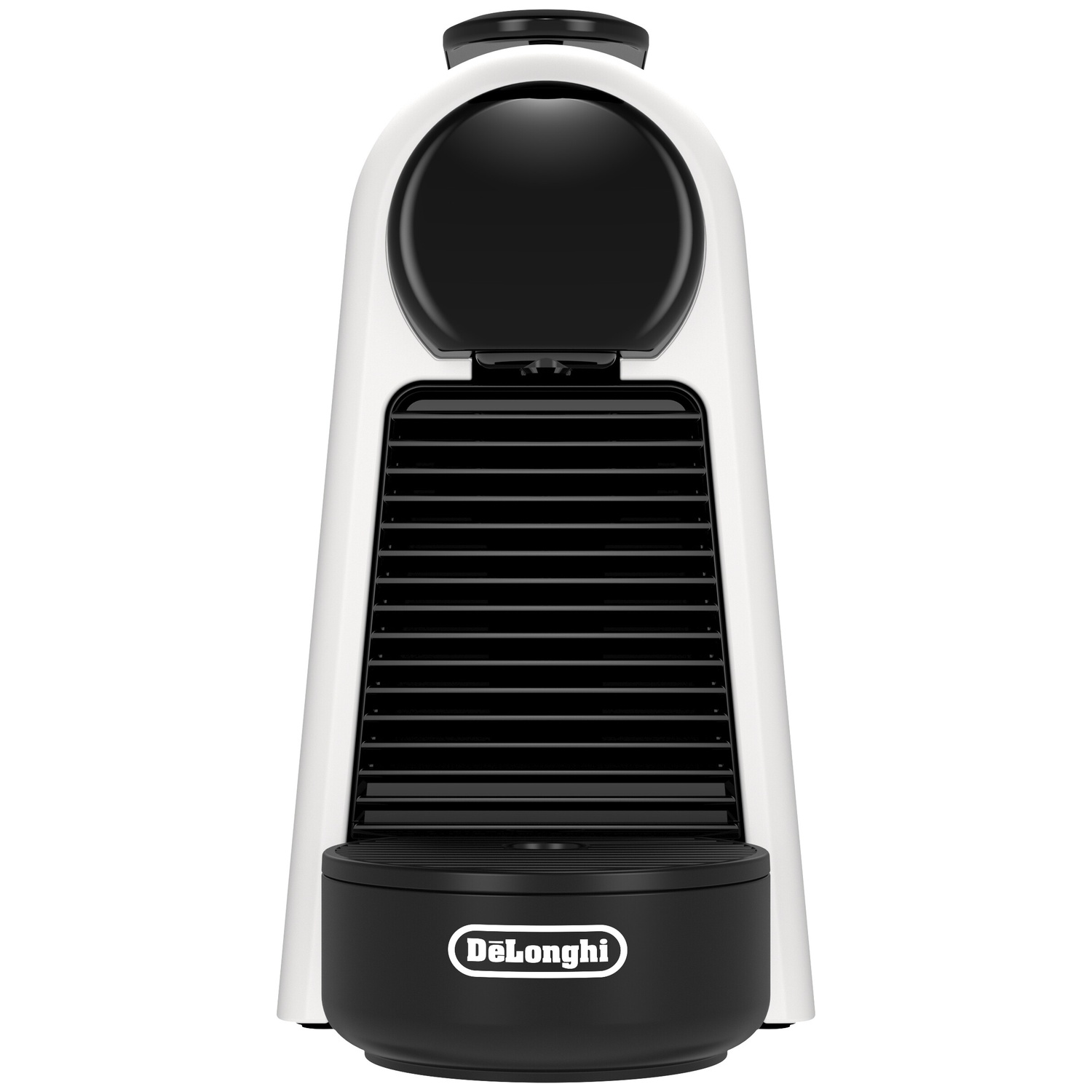 White and black coffee machine with horizontal slats and drip tray.