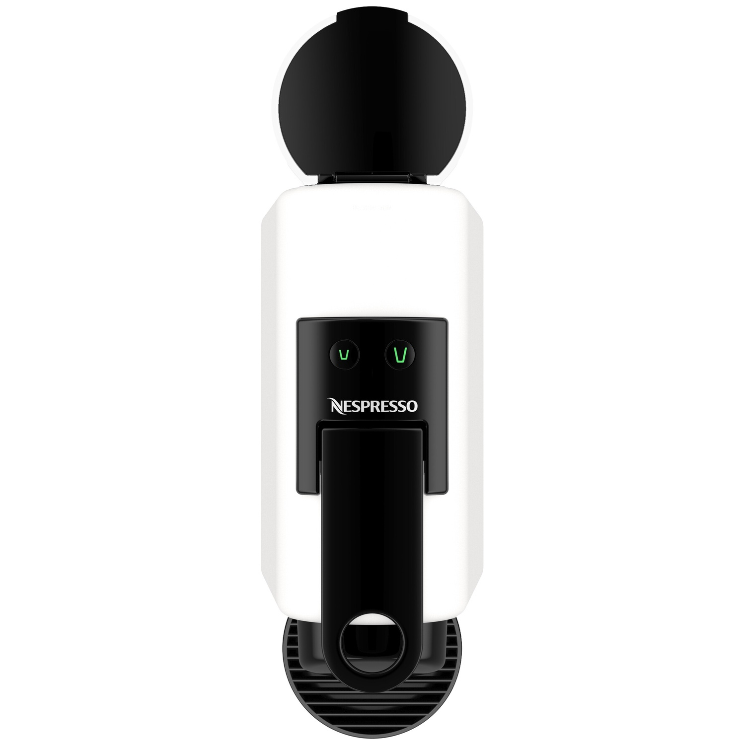 White Nespresso coffee machine with a black lid and handle.