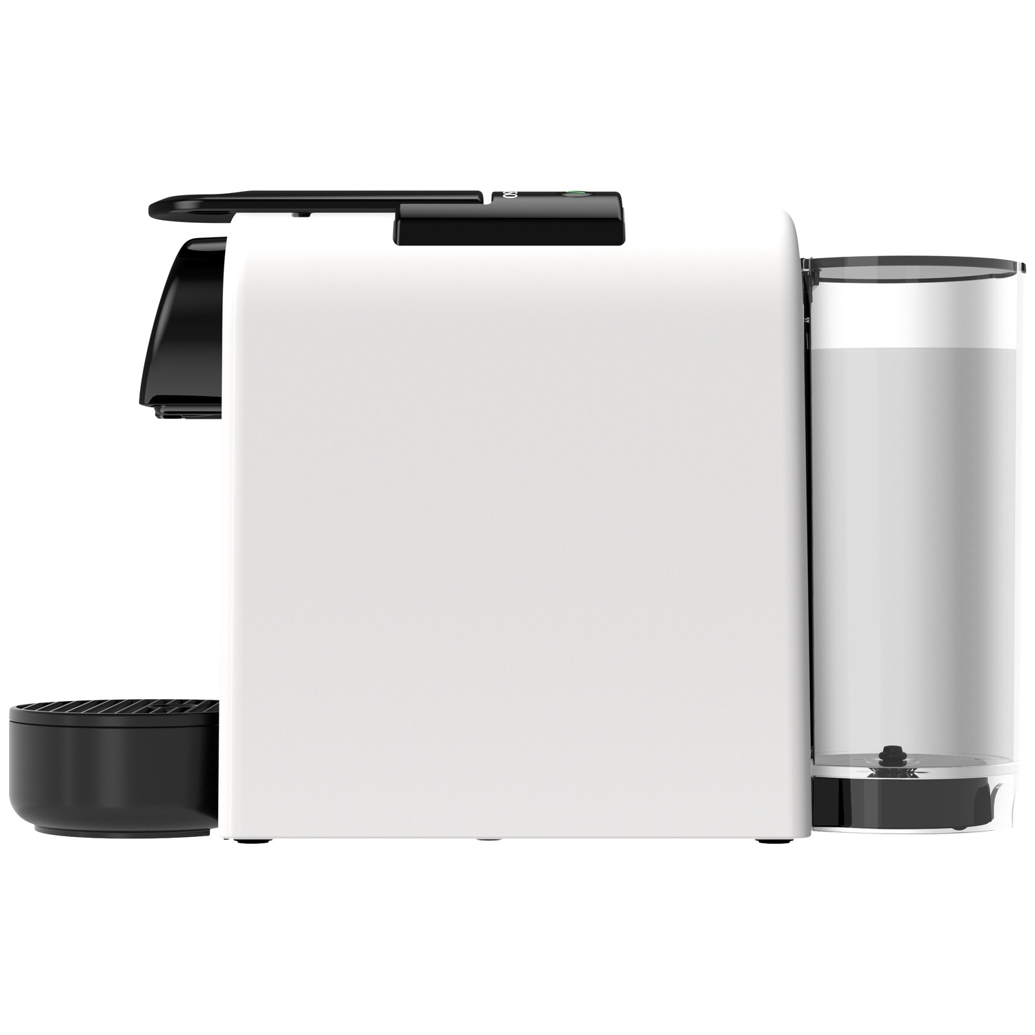 White coffee machine with black milk container and drip tray.