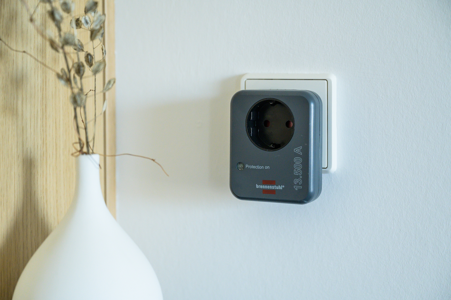 Grauer Überspannungsschutzadapter an weißer Wand, daneben ein weißer Topf mit Zweigen.