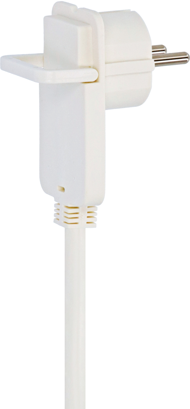Ein weißes Stromkabel mit Stecker und einer Halterung.