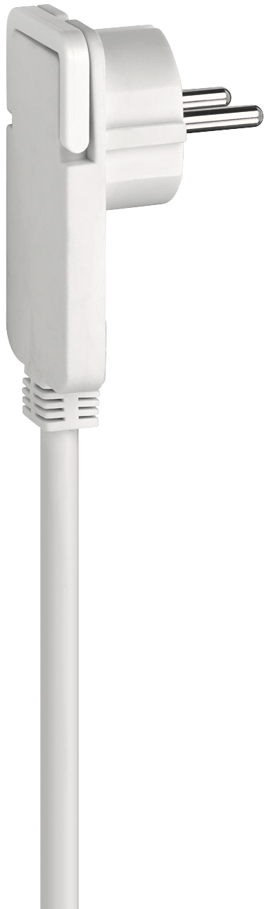 Ein weißer Stecker mit zwei Metallstiften und einem Kabel ist zu sehen.