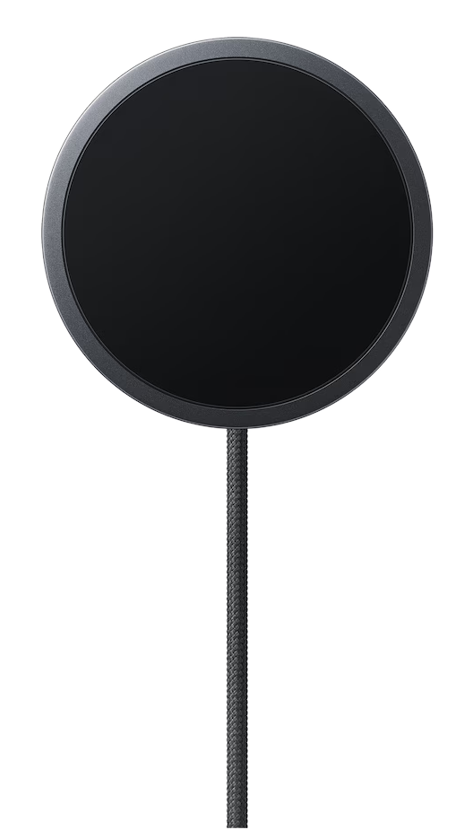 Czarny, okrągły filtr pop z szarą obręczą i plecionym kablem.