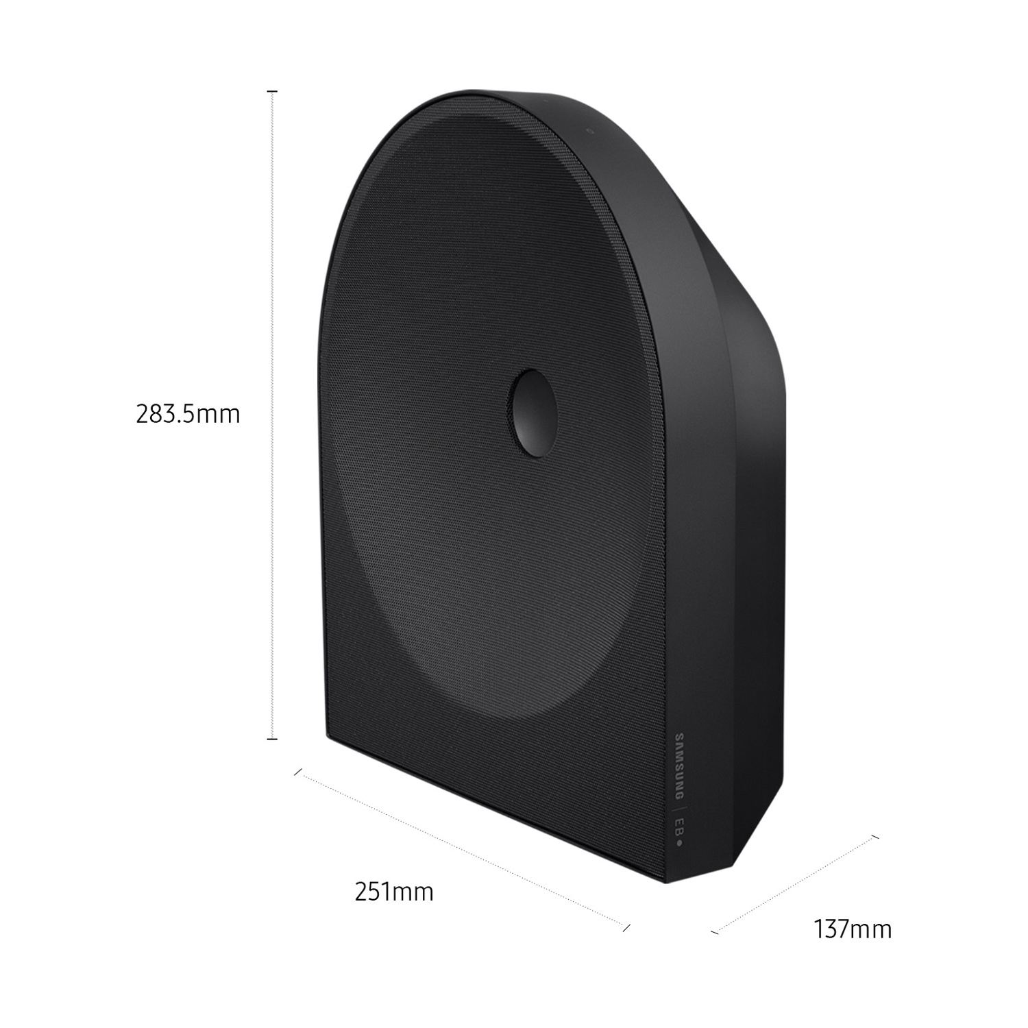Altoparlante Samsung nero con frontale rotondo e dimensioni.