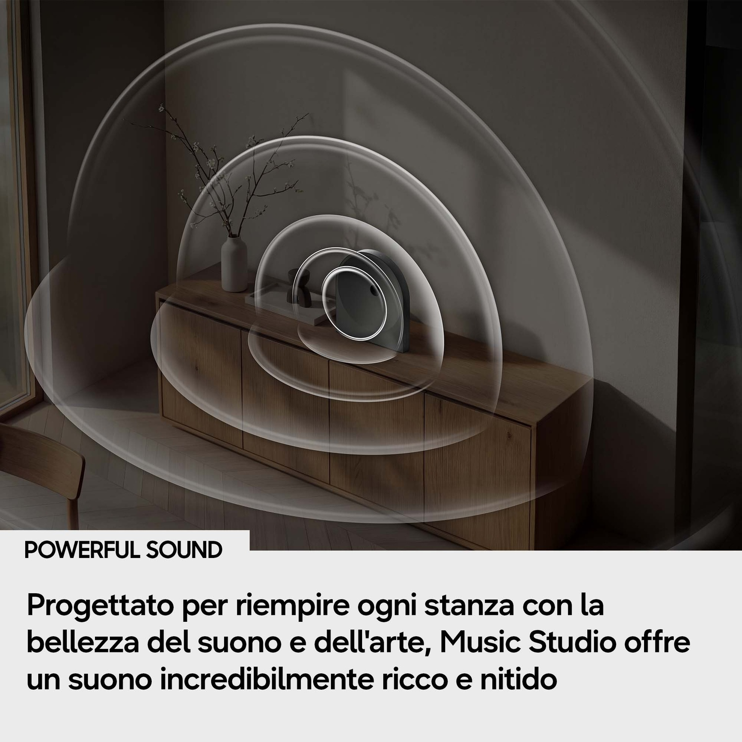 Altoparlante moderno su mobile in legno, circondato da onde sonore.