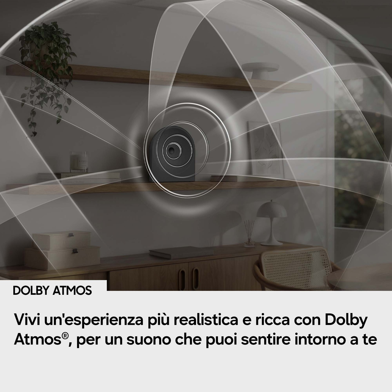 Un altoparlante emette onde sonore in una stanza stilizzata.