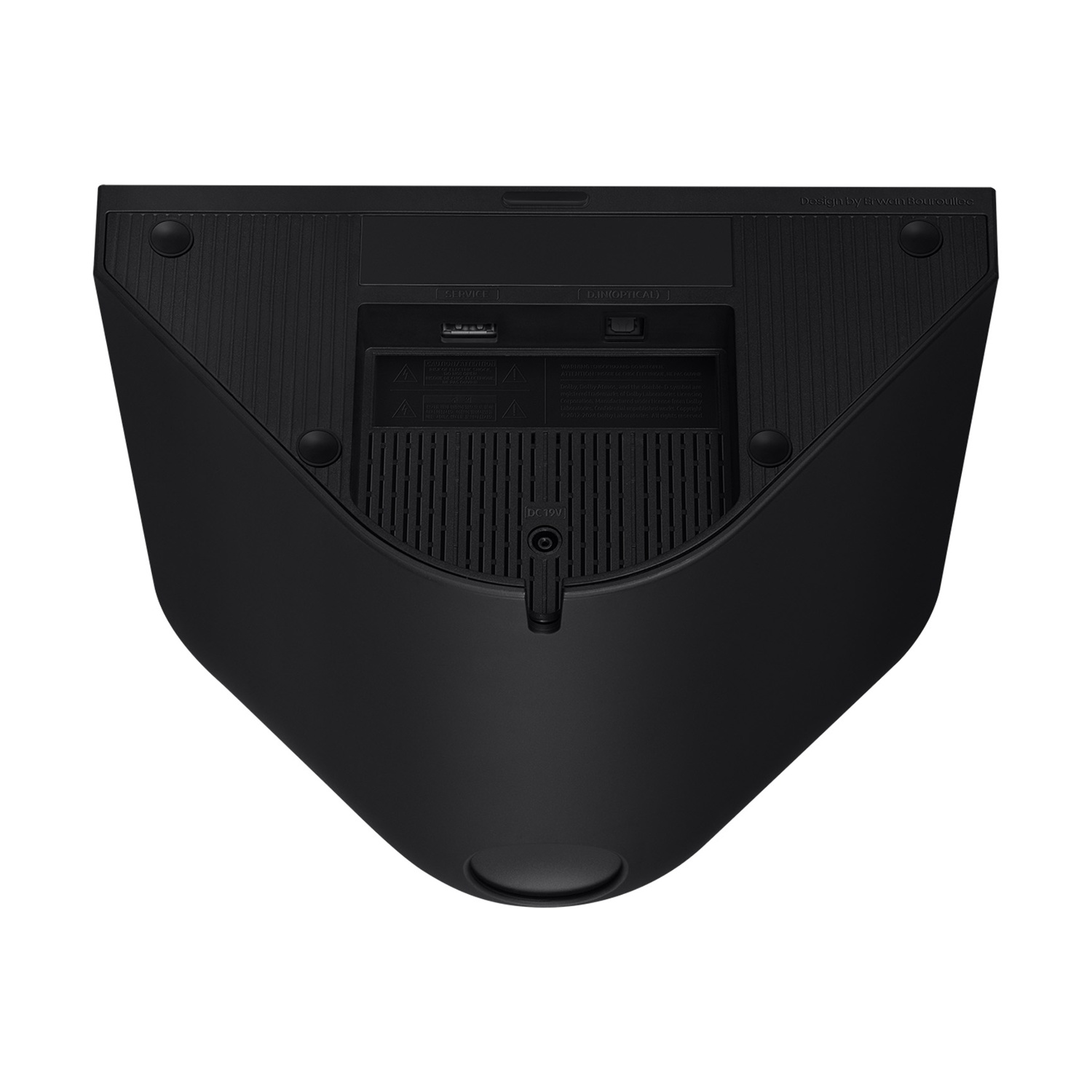 Base dispositivo elettronico nero con porte, etichette e piedini in gomma.