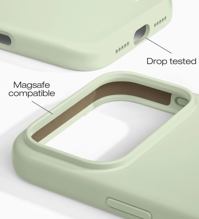Hellgrüne Handyhülle zeigt MagSafe-Kompatibilität und Sturzfestigkeit.