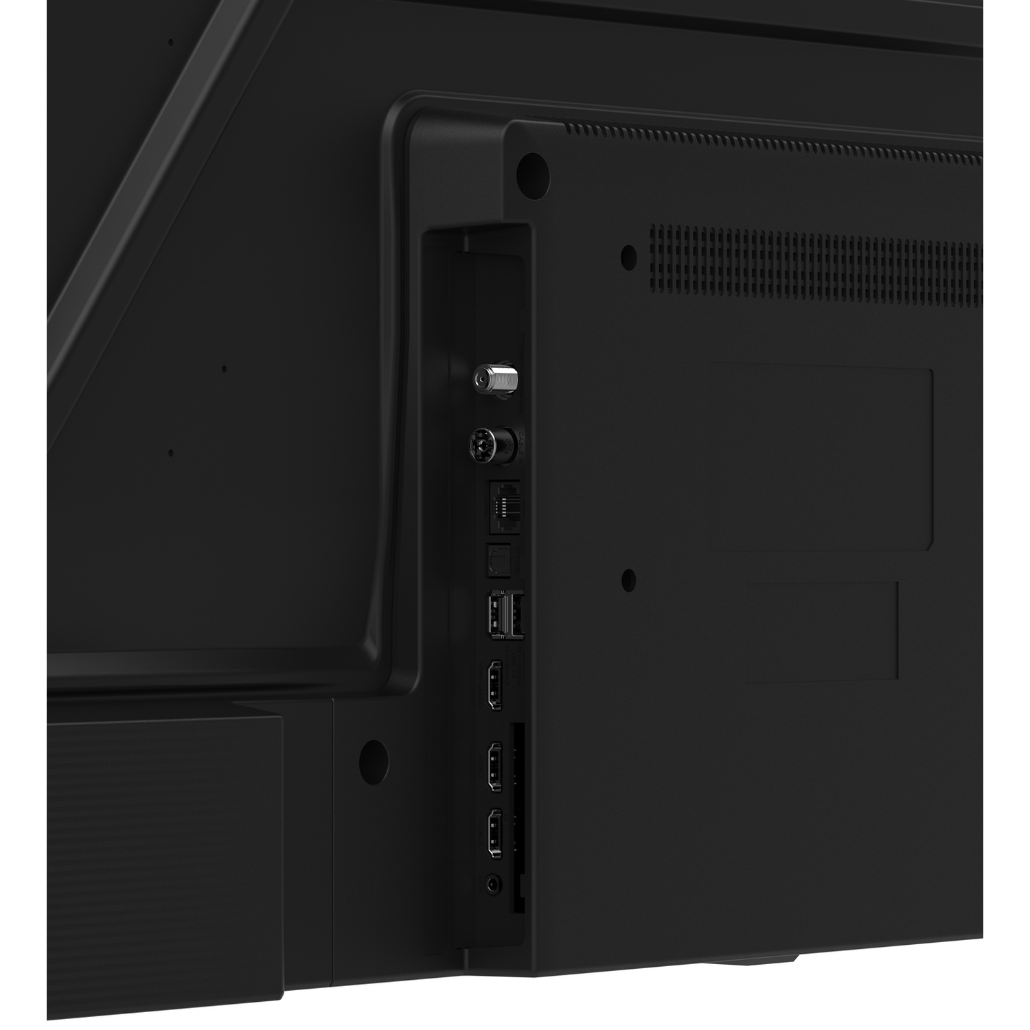 Arrière d'un téléviseur noir avec des ports dont HDMI, USB et entrée antenne.