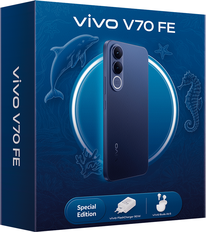 Vivo V70 FE telefon doboz töltővel és fülhallgatóval. Tengeri témájú.