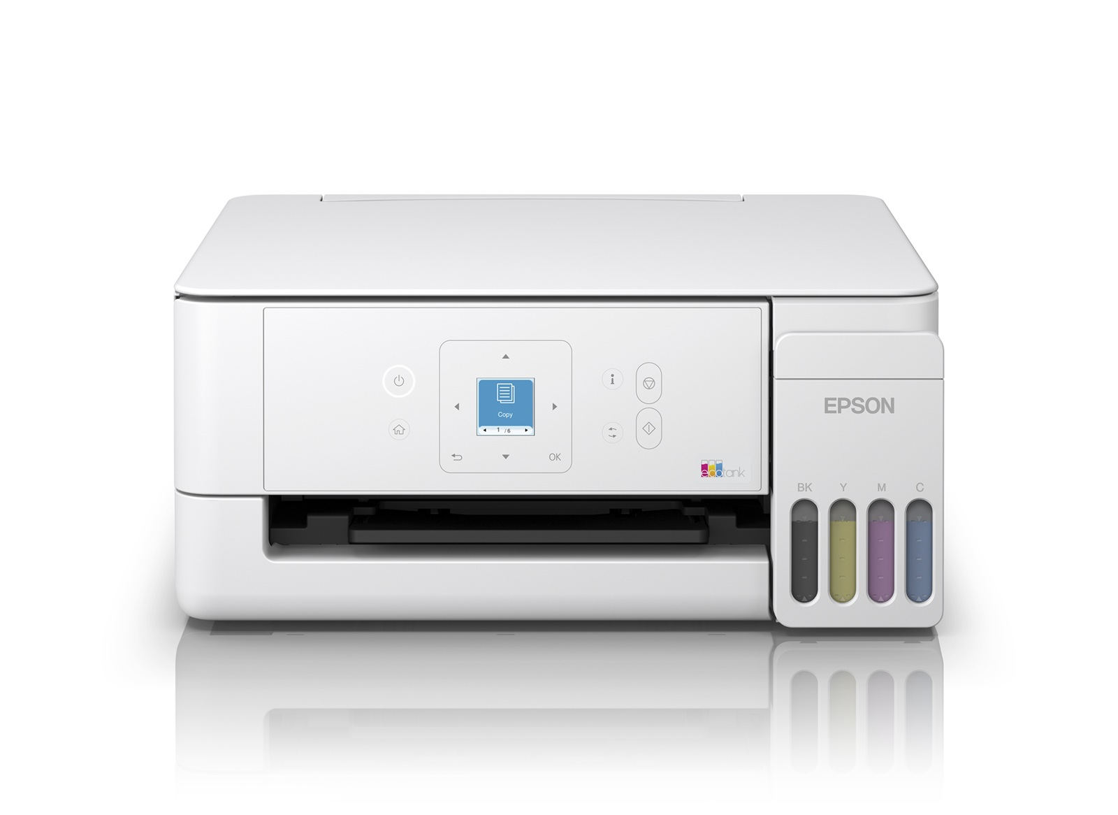 Kontrol panelli ve mürekkep tanklı beyaz Epson EcoTank yazıcı.
